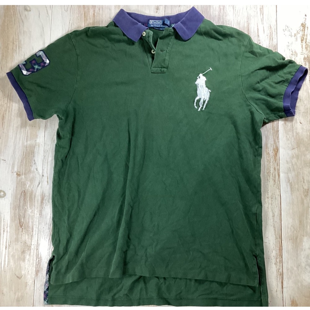 Polo Ralph Lauren Mens XL Green Big Pony Polo Shirt Purple Collar Plaid 3 Patch